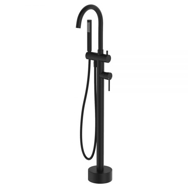 Fienza Kaya Floor Mounted Bath Mixer With Hand Shower, Matte Black 213113B