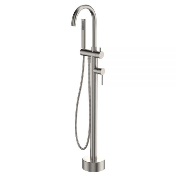 Fienza Kaya Floor Mounted Bath Mixer With Hand Shower, Brushed Nickel 213113BN