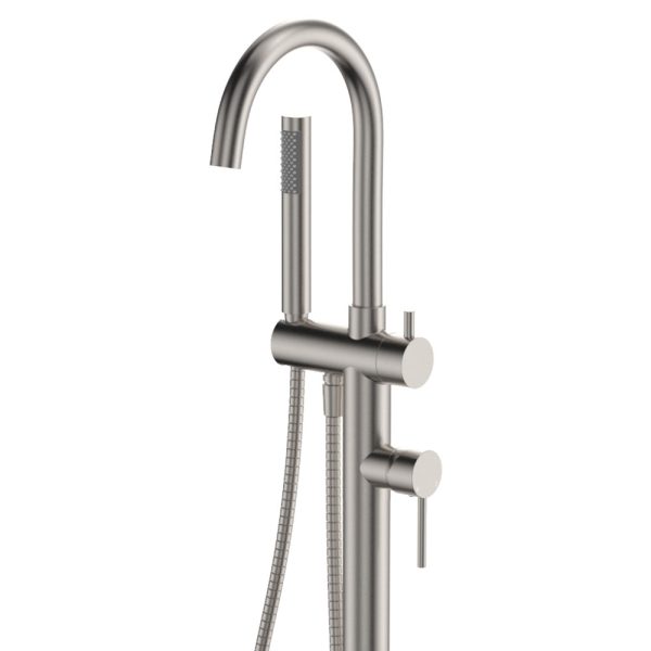 Fienza Kaya Floor Mounted Bath Mixer With Hand Shower, Brushed Nickel 213113BN