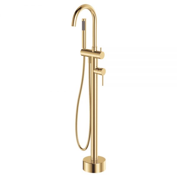 Fienza Kaya Floor Mounted Bath Mixer With Hand Shower, Urban Brass 213113UB