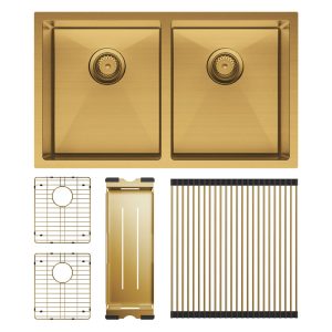 Fienza Hana 27L/27L Double Kitchen Sink Kit, PVD Rugged Brass 68403RB-KIT