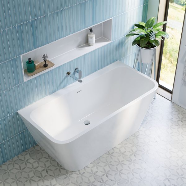 Fienza Delta Back-To-Wall Acrylic Bath with Overflow, Gloss White, 1500mm FR13572-1500-OF