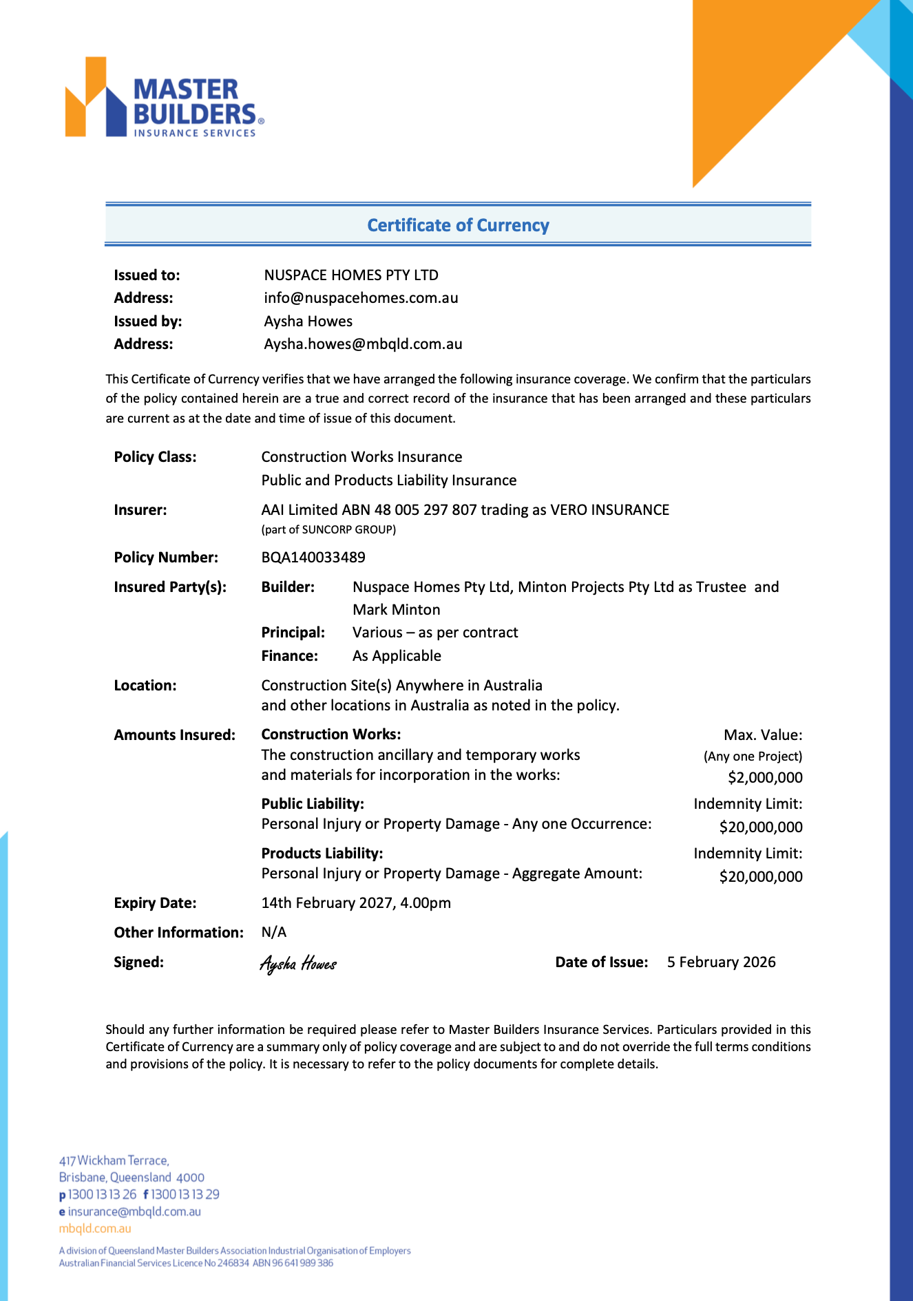 copy of masterbuilders insurance for Gold Coast Renovations