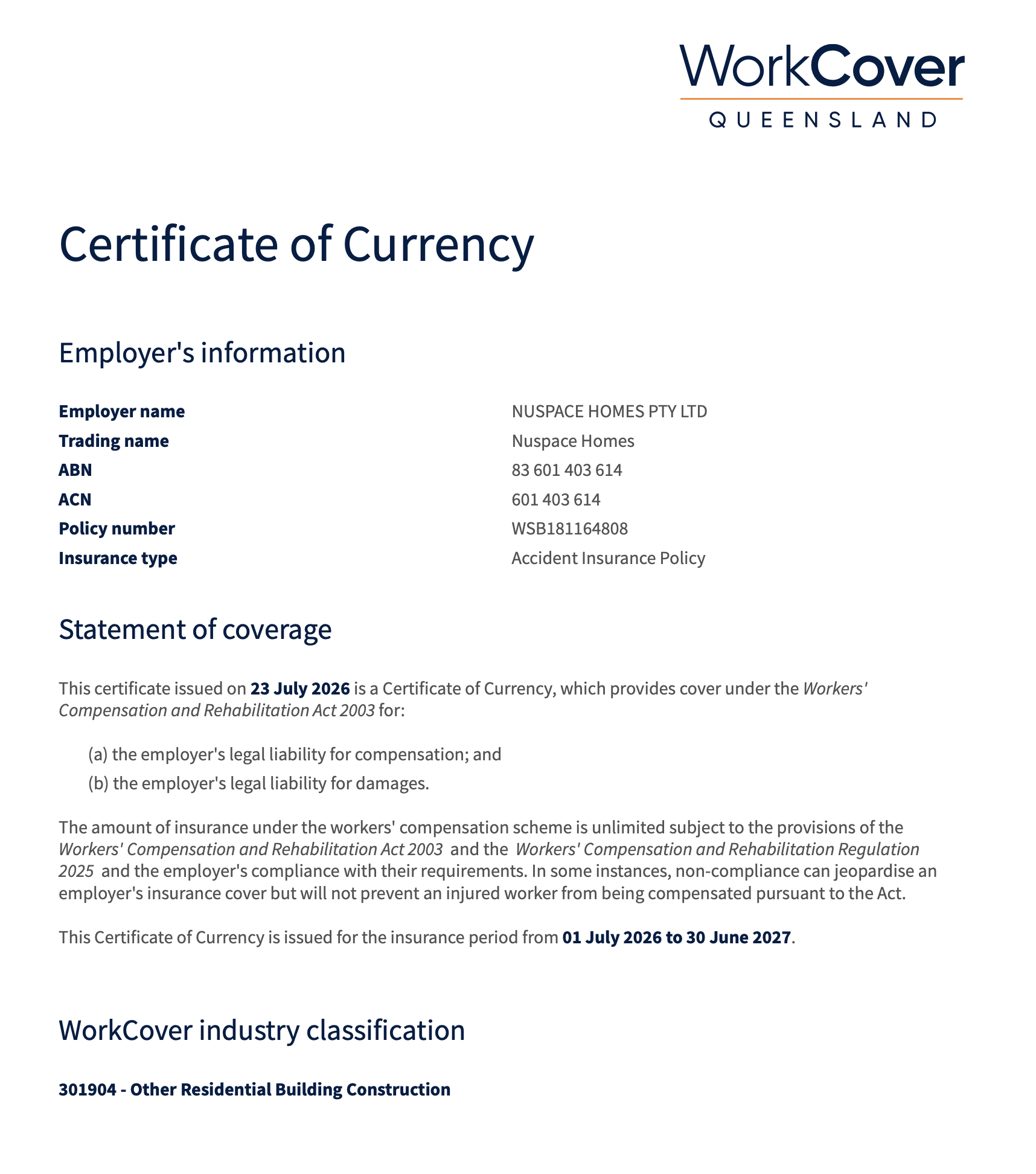 Workcover 2026-2027